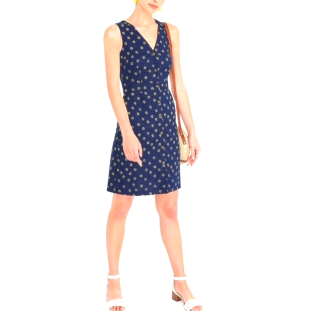 J.Crew Linen Cotton Blend Sleeveless Navy/Yellow flowers Dress Size 12